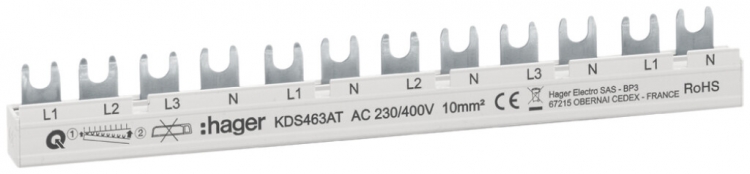 Kammschiene Hager quickconnect 4P 3L Gabel 10mm² 63A 215×5mm weiss 