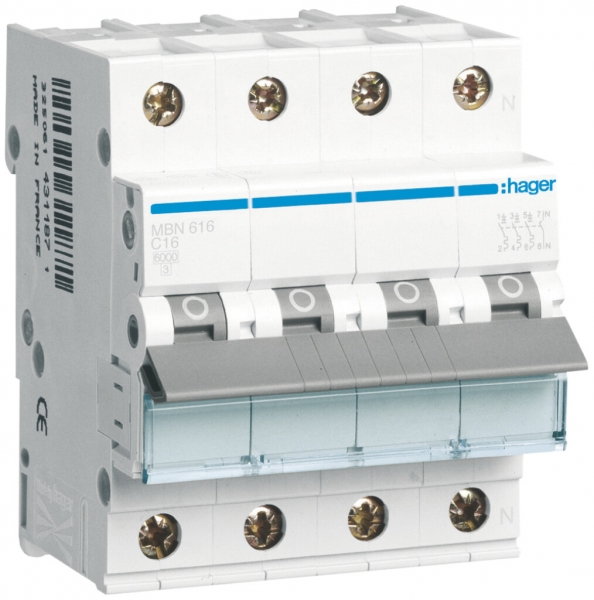 Leitungsschutzschalter Hager MCB 4P 415V Typ B 16A Icn 6kA 4TE 