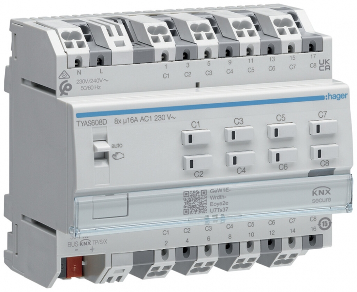 Actionneur-commutateur/jalousie KNX AMD Hager TYAS608D, 8/4-fois, 16A/230VAC 