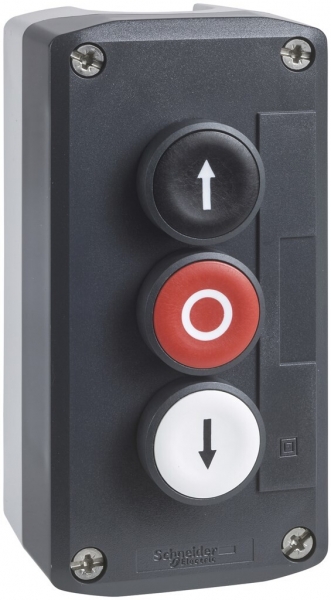 Poussoir AP Schneider Electric 3 éléments 1F bc/1O ro/1F noir 