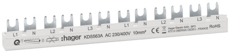 Peigne de raccordement Hager quickconnect 4P 3L fourche 10mm² 63A 215×6mm gris 
