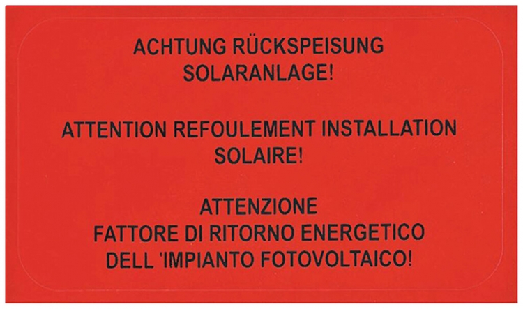 Étiquette Plica EET UV HA DE/FR/IT: ACHTUNG RÜCKSPEISUNG SOLARANLAGE! 