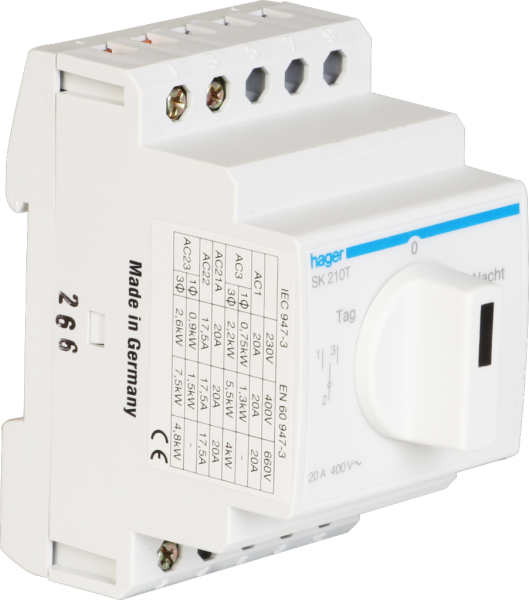 REG-Drehschalter Hager 20A 400V 0 Schliesser 0 Öffner 1 Wechsler 3TE Tag-0-Nacht 