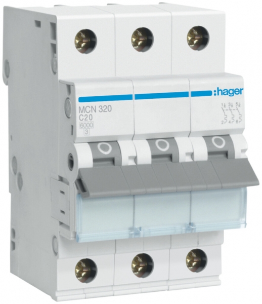 Disjoncteur Hager MCB 3P 415V type C 20A Icn 6kA 3UM 