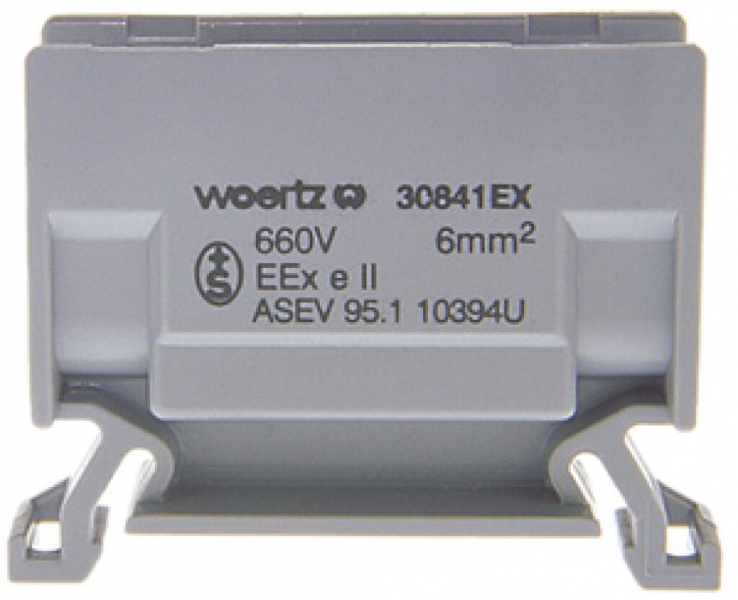 Borne de dérivation Woertz Ex 2.5…6mm² 41A 750V vis 2×1 rail DIN 35mm gris 