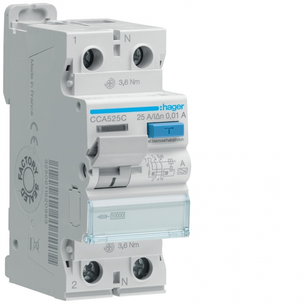 Interrupteur différentiel Hager RCCB (RCD) 2P 230V 0.01A type A 25A 10kA 2UM 