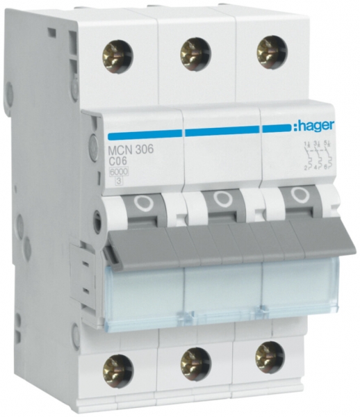 Disjoncteur Hager MCB 3P 415V type C 6A Icn 6kA 3UM 