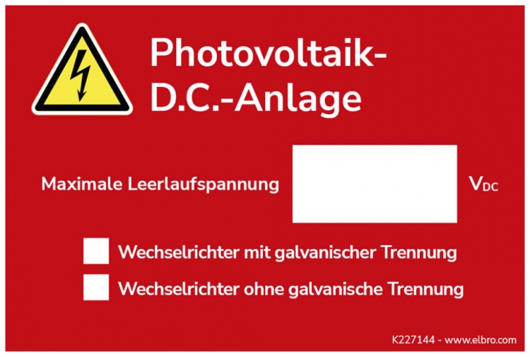 Warnaufkleber ELBRO Photovoltaik DC Anlage elektrische Gefährdung 90×60mm rot 