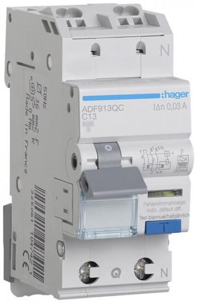 Disjoncteur différentiel Hager 1P+N 230V C 13A 30mA F 6kA 2 modules 