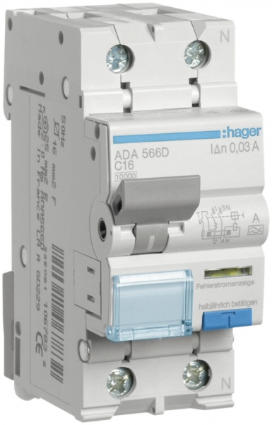Disgiuntore differenziale Hager RCBO 2P 240V car.C 16A 0.03A tipo A 10kA 2UM 