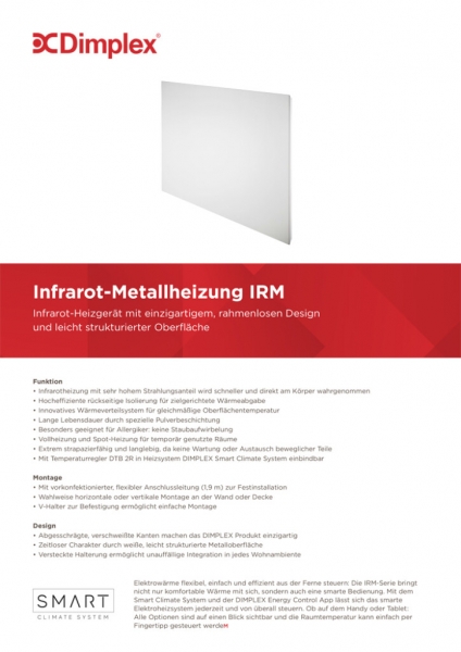 Infrarotheizplatte Glen Dimplex IRM 1000 Set 1000W 1520×770×21mm IP44 weiss 