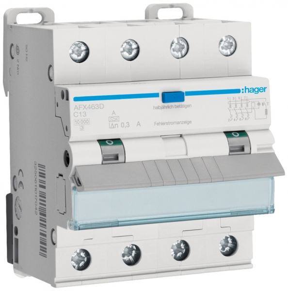 Disgiuntore differenziale Hager RCBO 4P 400V C 13A 0.3A 4UM tipo A 10kA 