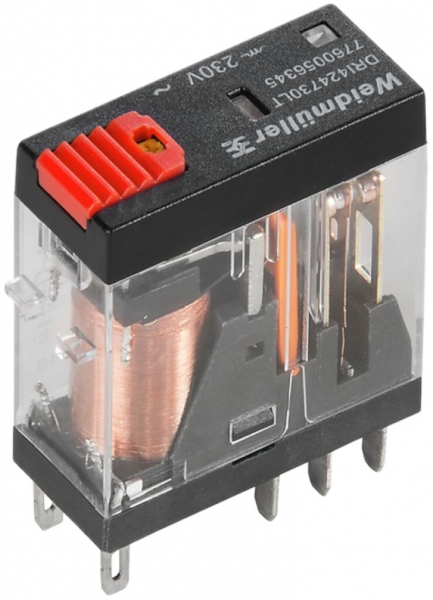 Relais Weidmüller, 230VAC, LED rot, 2 Wechsler mit Prüftaste, 250VAC, 5A 