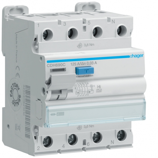 Interruttore differenziale Hager RCCB (RCD) 4P 400V 0.03A tipo A 125A 10kA 4UM 