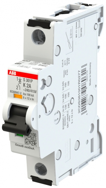 Disgiuntore ABB MCB S300P 1P 240V tipo K 2A Icn 25kA Icu 100kA 1UM 