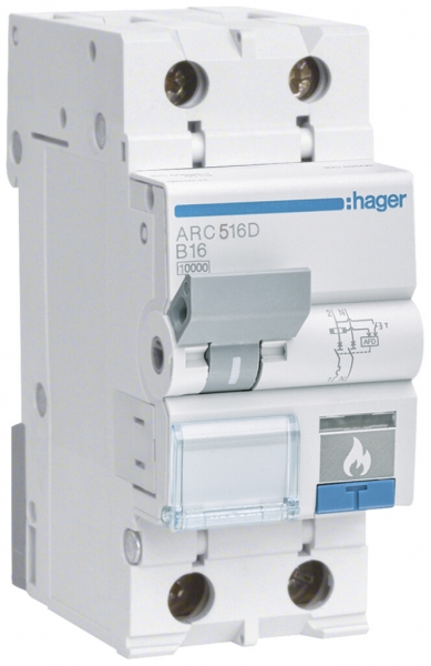 Interrupteur de protection incendie Hager AFDD+disjoncteur, 1P+N 10kA C13A 