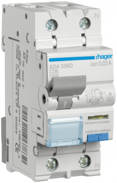 Disjoncteur différentiel Hager RCBO 2P 240V car.C 6A 0.03A type A 10kA 2UM 