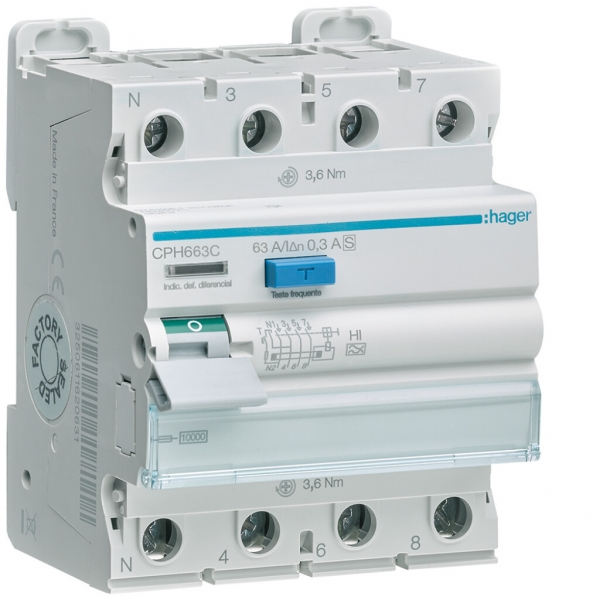 Interruttore differenziale Hager RCCB (RCD) 4P 400V 0.3A tipo A 63A 10kA 4UM 