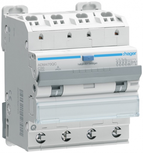 FI/LS-Schalter Hager RCBO QC 4P 400V Char.C 20A 0.03A Typ A 6kA 4TE 
