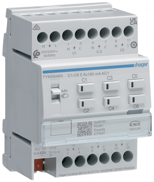 Attuatore di riscaldamento KNX Secure AMD Hager 6-volte.c.regolat.24/230V, triac 