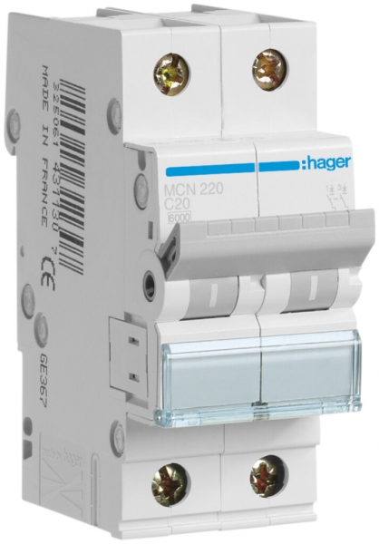 Disgiuntore Hager MCB 2P 415V tipo C 20A Icn 6kA 2UM 