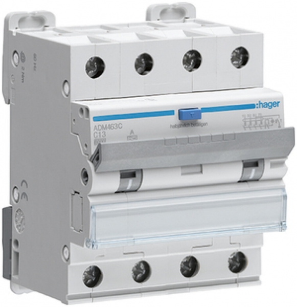 Disgiuntore differenziale Hager RCBO 4P 400V car.B 13A 0.03A tipo A 6kA 4UM 