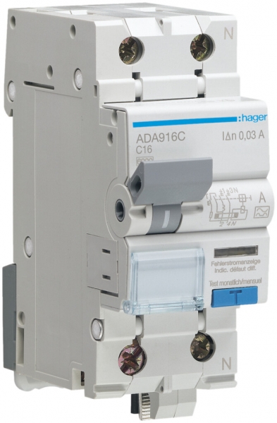 Disgiuntore differenziale Hager RCBO 2P 230V car.C 16A 0.03A tipo A 2UM 