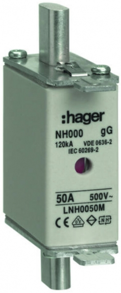Fusibile HPC Hager DIN000 500VAC 50A gG/gL segnalatore doppio antiruggine 