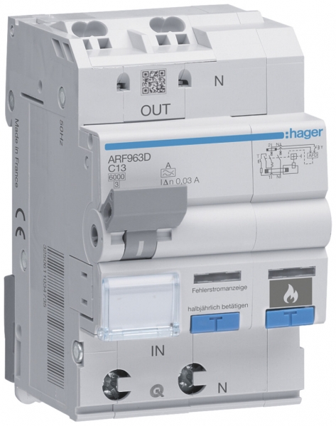 Interrupteur de protection incendie Hager AFDD+FI/LS, 1P+N 6kA C13A 30mA type A 