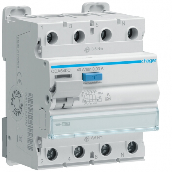 Interruttore differenziale Hager RCCB (RCD) 4P 400V 0.03A tipo A 40A 10kA 4UM 