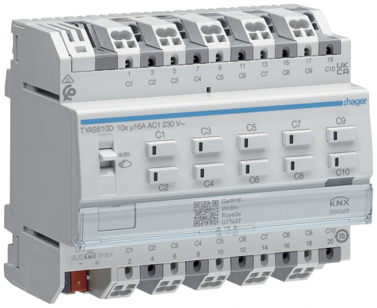 REG-Schaltaktor KNX Hager 10 Ausgänge 16A 2300W 195…253V IP20 6TE 