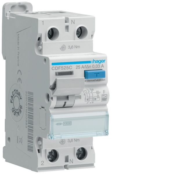 Interruttore differenziale Hager RCCB (RCD) 2P 400V 0.03A tipo F 25A 10kA 2UM 