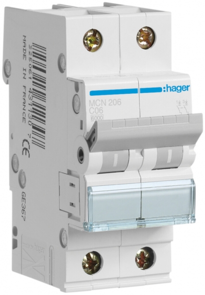 Disgiuntore Hager MCB 2P 415V tipo C 6A Icn 6kA 2UM 