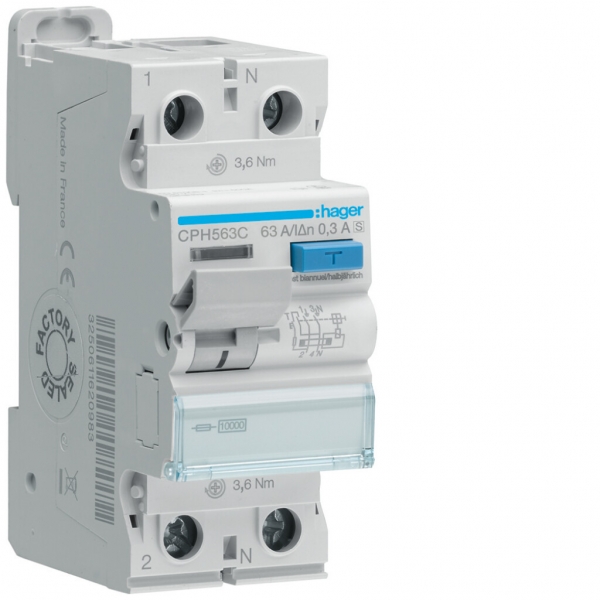 Interruttore differenziale Hager RCCB (RCD) 2P 230V 0.3A tipo A 63A 10kA 2UM 