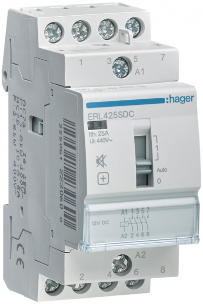 Contattore AMD Hager ERL 12VDC 4 chiusura 0 apertura 25A senza ronzio 2UM 