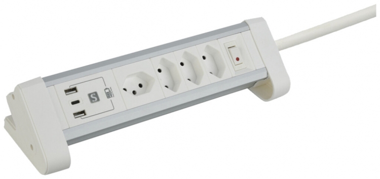 Module de table ALU 4×T13 2×USB-A/1×USB-C 2m 3×1mm² interrupteur bc/alu 