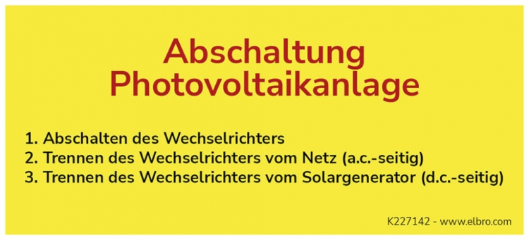 Warnaufkleber ELBRO Abschaltung Photovoltaikanlage 90×40mm gelb 