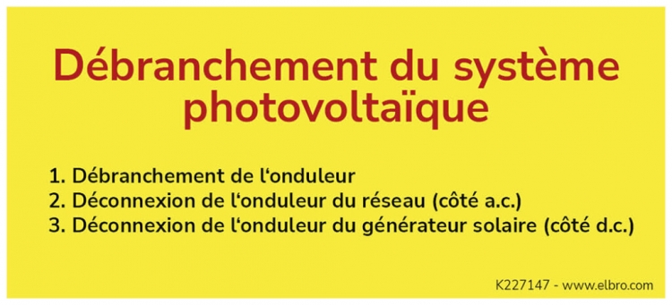 Warnaufkleber ELBRO Débranchement du système photovoltaïque 90×40mm gelb 
