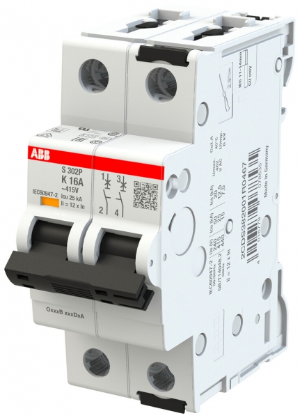 Disgiuntore ABB MCB S300P 2P 415V tipo K 16A Icn 25kA Icu 25kA 2UM 