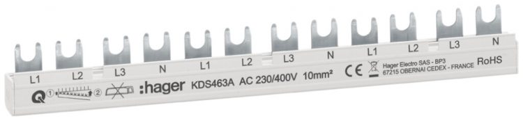 Peigne de raccordement Hager QC 4P 3L 10mm² 63A 215×3mm L1L2L3N-L1L2L3N-L1L2L3N 