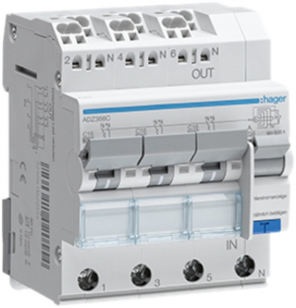 Disgiuntore differenziale Hager RCBO QC 3P+N 400V car.C 16A 0.03A tipo A 6kA 4UM 