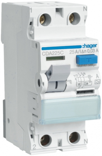Interrupteur différentiel Hager RCCB (RCD) 2P 230V 0.03A type A 25A 6kA 2UM 