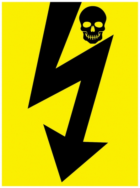 Warnschild Blitz mit Totenkopf 59×85mm schrauben gelb/schwarz refl. 