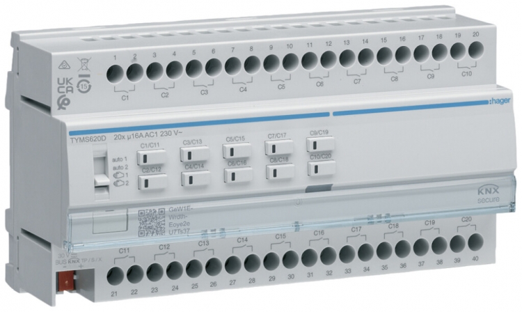 Actionneur-commutateur/jalousie KNX Secure AMD Hager 20-/10-fois 16A 
