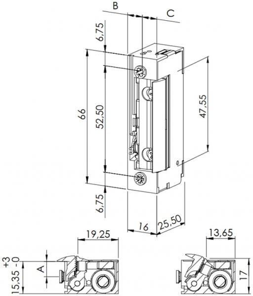 Ouvre-porte BSW B3010--L, 22…48VUC, hors-tension fermé, clenche à rayon 