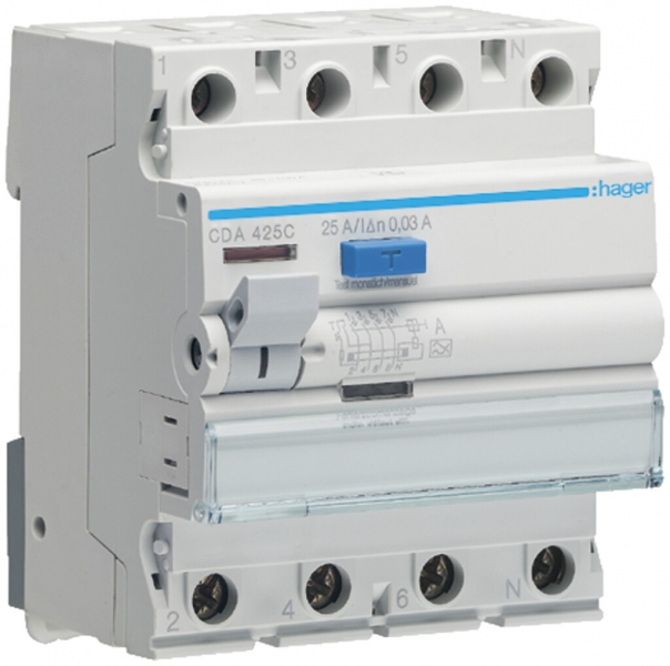 Interruttore differenziale Hager RCCB (RCD) 4P 400V 0.03A tipo A 25A 4UM 