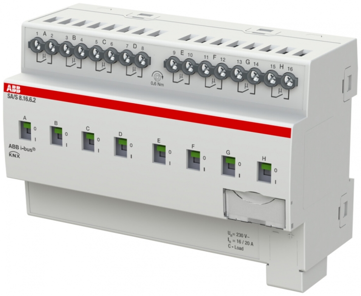 Attuatore-commutatore KNX AMD ABB SA/S8.16.6.2, 8-volte, 16A, C, rilev.corrente 