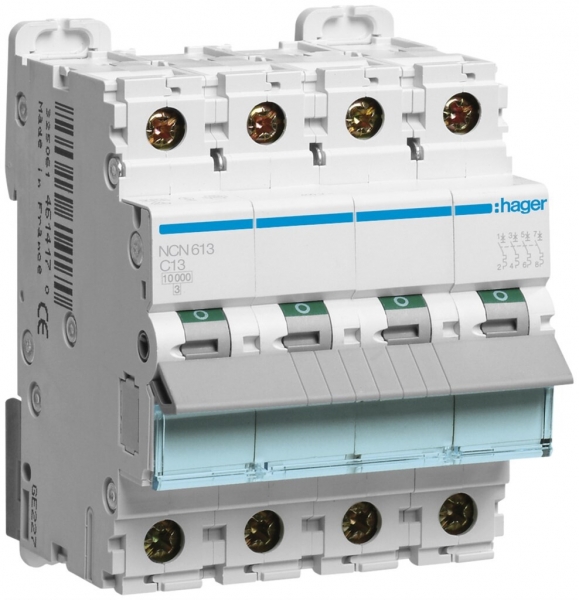 Disgiuntore Hager MCB 3P+N 415V tipo C 13A Icn 10kA Icu 15 kA 4UM 