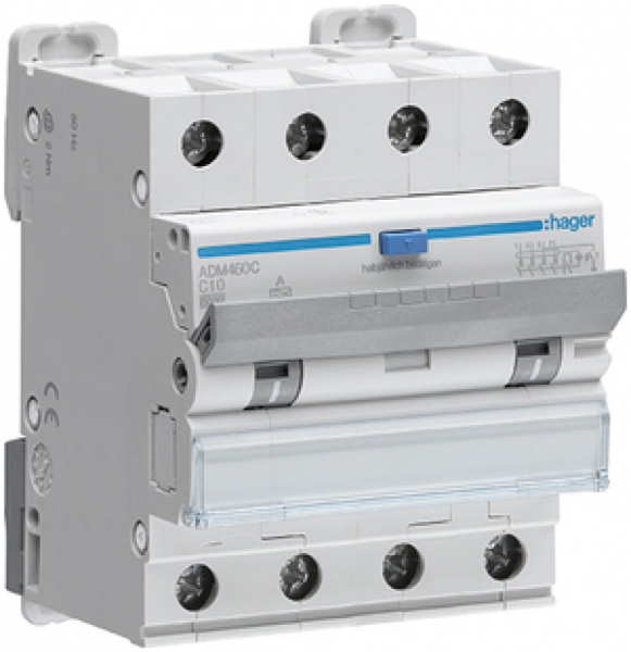Disgiuntore differenziale Hager RCBO 4P 400V car.C 10A 0.03A tipo A 6kA 4UM 