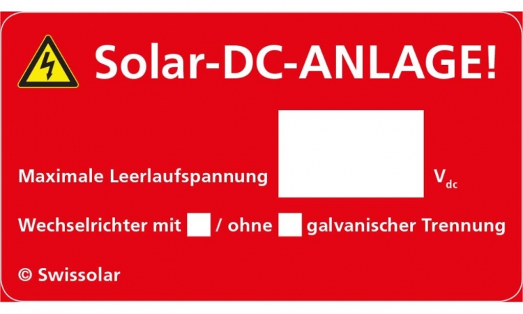 Autocollant avert. Swissolar "Système solaire DC" allemand 